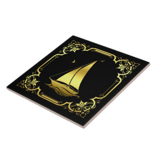 Nautical sailboat sailing silhouette/gold/black tile