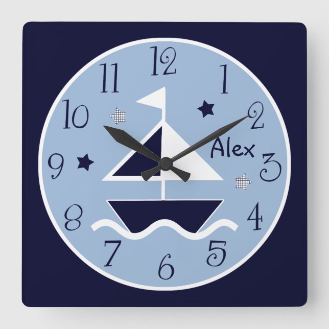 Nautical Sailboat & Stars Cute Kid's Baby Clock (Front)