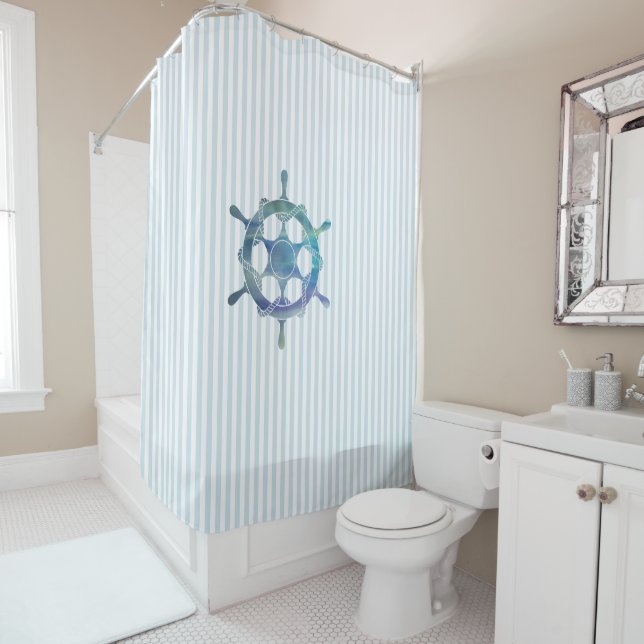 Nautical Sailboat Stripe Pattern Coastal  Shower Curtain (In Situ)