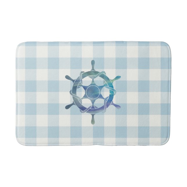 Nautical Sailboat Wheel Blue Gingham Check Coastal Bath Mat (Front)