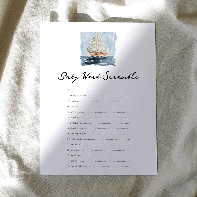 Nautical Sailboat Word Scramble Baby Shower Game  (Nautical watercolor sailboat chic baby shower baby word scramble game.)