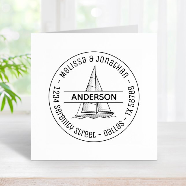 Nautical Sailboat Yacht Round Family Address Rubber Stamp (Creator Uploaded)