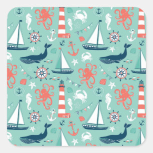 Nautical Sailboats And Whales Square Sticker