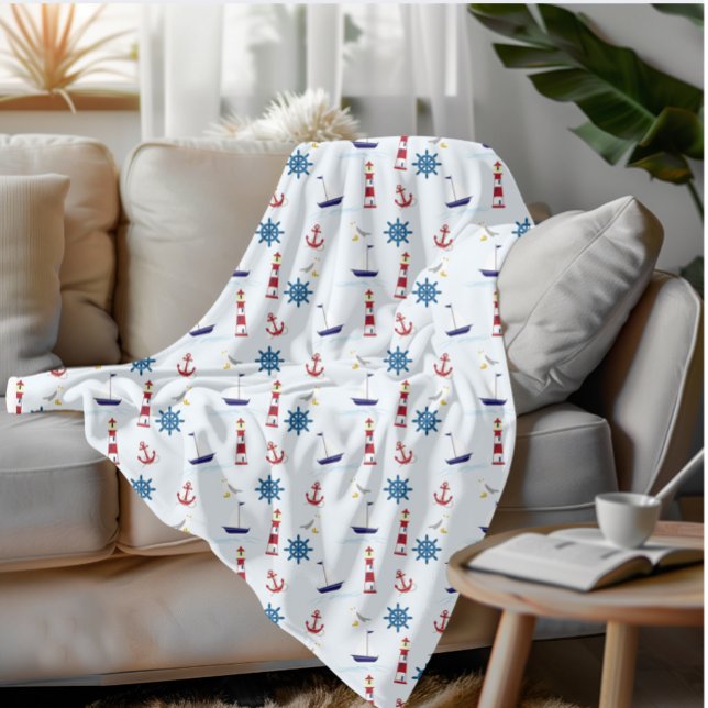 Nautical Sailboats, Lighthouses & Anchors Coastal  Fleece Blanket (Creator Uploaded)