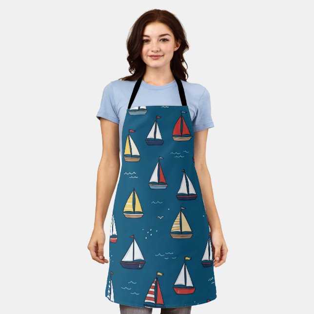 Nautical Sailboats Pattern Apron (Worn)