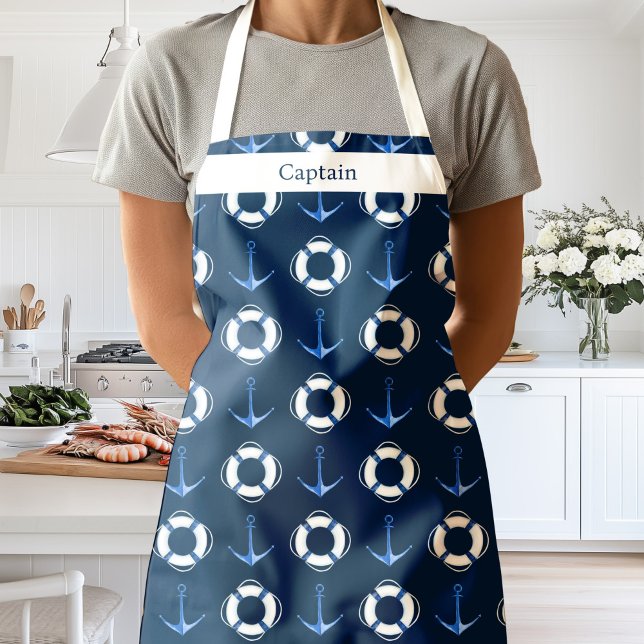 Nautical Sailing Boat Anchor Lifebuoy Navy Blue  Apron (Creator Uploaded)