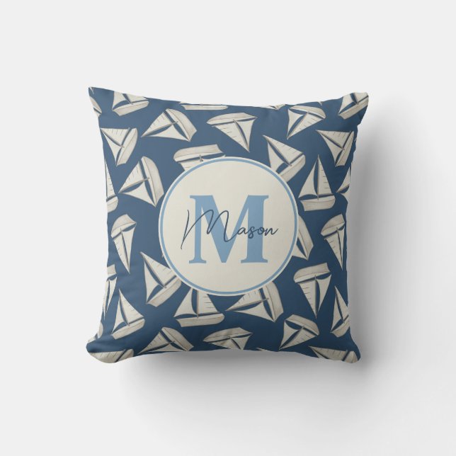 Nautical Sailing Boats | Custom Name & Monogram Cushion (Front)