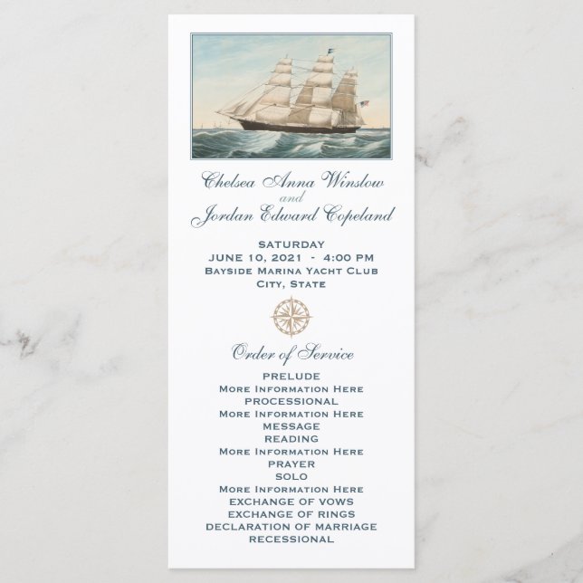 Nautical Sailing Clipper Ship | Wedding Program Programme (Front)