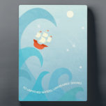 Nautical Sailing Quote Blue Plaque<br><div class="desc">To unpathed waters,  undreamed shores. A motivational quotation from Shakespeare.
A sailing ship sits on top of an ocean wave below a sky of stars.  Perfect for sailors,  travellers and adventurers everywhere.</div>