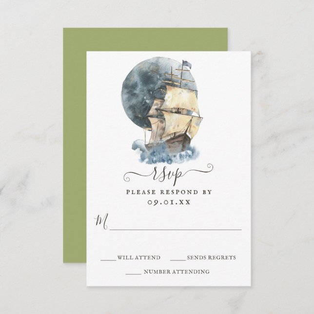 Nautical Sailing Ship Beach Destination Wedding RSVP Card (Front/Back)