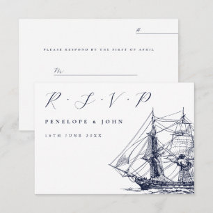 Nautical Sailing Ship Illustration Script Wedding RSVP Card