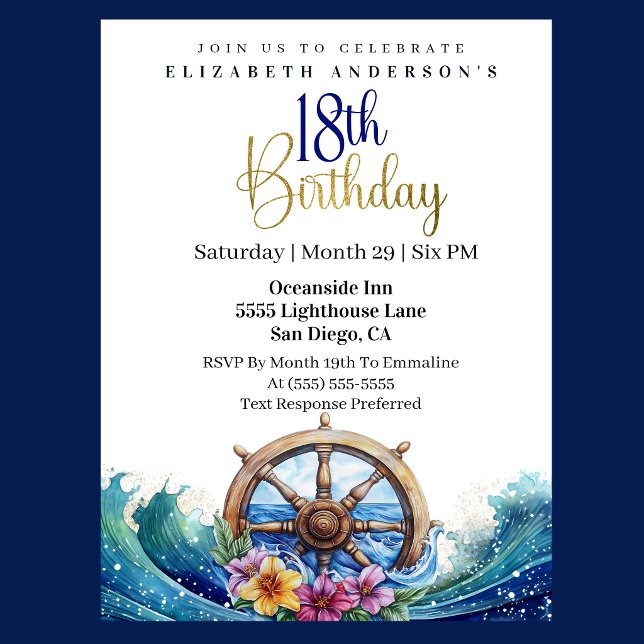 Nautical Sailing Wheel 18th Birthday Invitation (Nautical sailing wheel 18th birthday invitation with ocean waves and tropical flowers
)