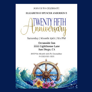 Nautical Sailing Wheel 25th Wedding Anniversary Invitation