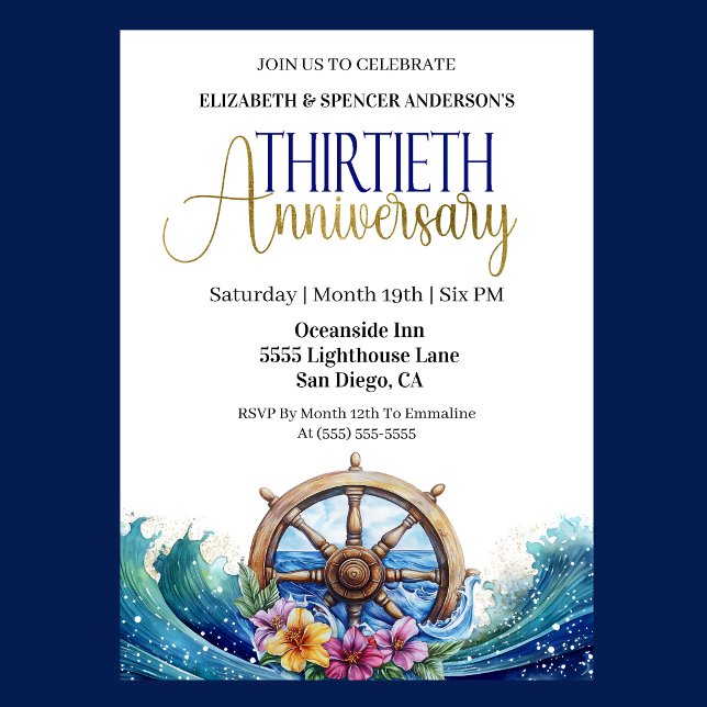 Nautical Sailing Wheel 30th Wedding Anniversary Invitation (Nautical 30th wedding anniversary invitation with ship wheel, ocean waves, and tropical flowers )
