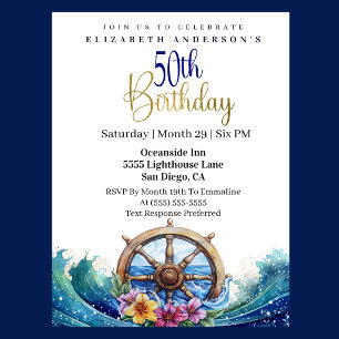 Nautical Sailing Wheel 50th Birthday Invitation