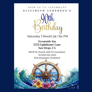 Nautical Sailing Wheel 90th Birthday Invitation