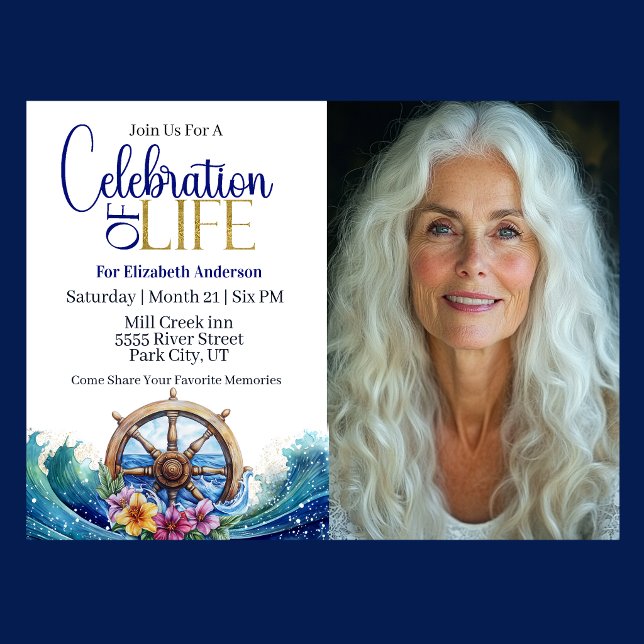 Nautical Sailing Wheel Celebration Of Life Invitation (Nautical Celebration Of Life invitation with ship wheel, ocean waves, and tropical flowers )