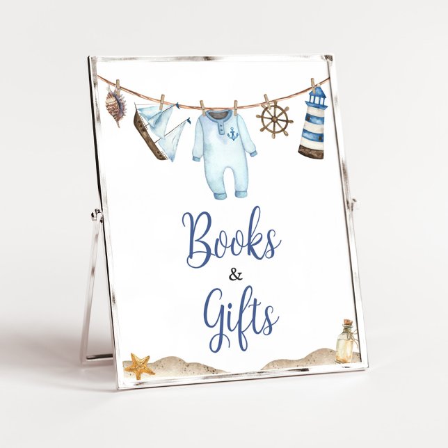 Nautical Sailor Ahoy Baby Shower Books and Gifts Poster (Nautical Ahoy Baby Shower Books and Gifts Sign)