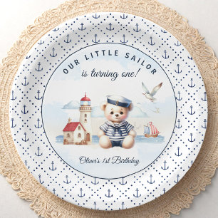 Nautical Sailor Bear 1st Birthday Anchor Pattern Paper Plate