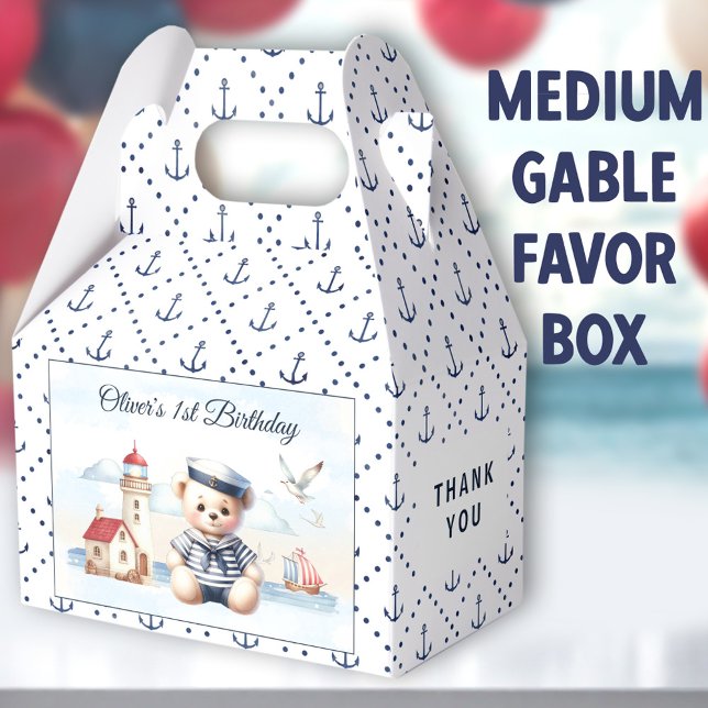 Nautical Sailor Bear 1st Birthday Medium Gable Favour Box (Sailor Bear Medium Gable Favor Boxes -  You can choose from 3 sizes of these gable favor boxes)