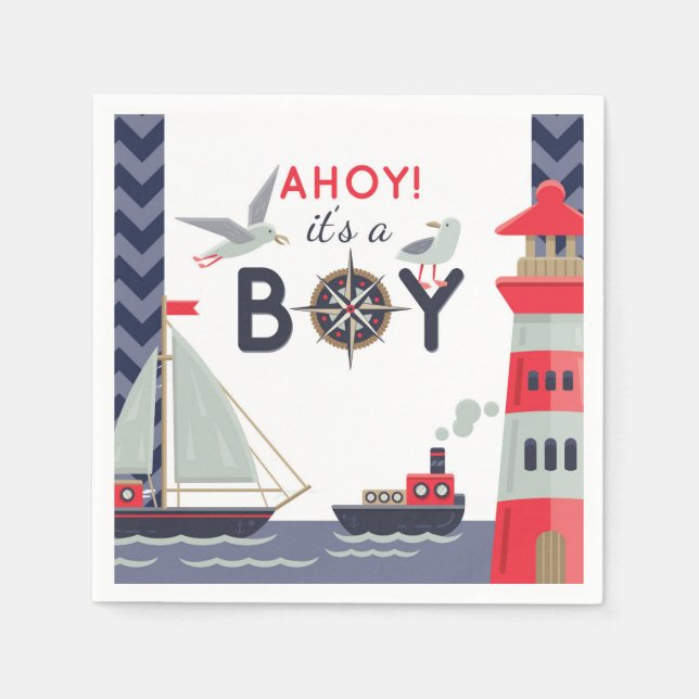 Nautical Sailor Boats Ahoy Baby Boy Shower Party Napkin (Front)