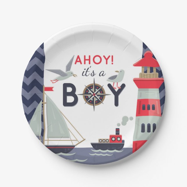 Nautical Sailor Boats Ahoy Baby Boy Shower Party Paper Plate (Front)