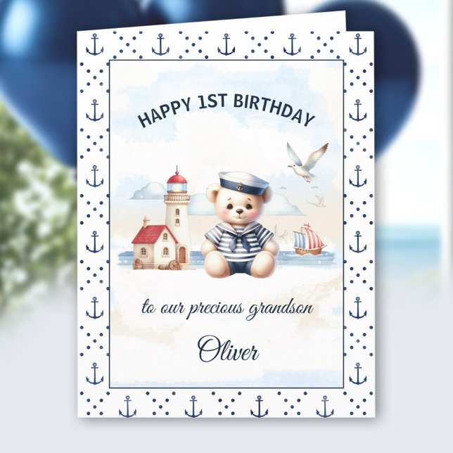 Nautical Sailor Cute Bear 1st Birthday Boy Card (Nautical Sailor Cute Bear 1st Birthday Boy Card)