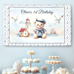 Nautical Sailor Cute Bear Boy 1st Birthday Banner