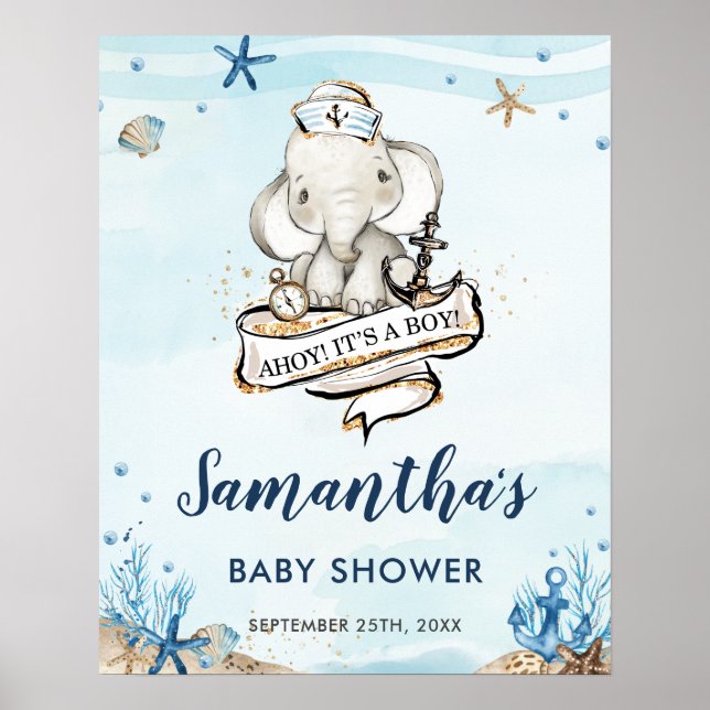 Nautical Sailor Cute Elephant Baby Shower Welcome  Poster (Front)