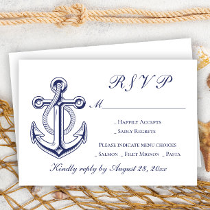 Nautical Sailor Navy Blue Anchor RSVP Wedding Card