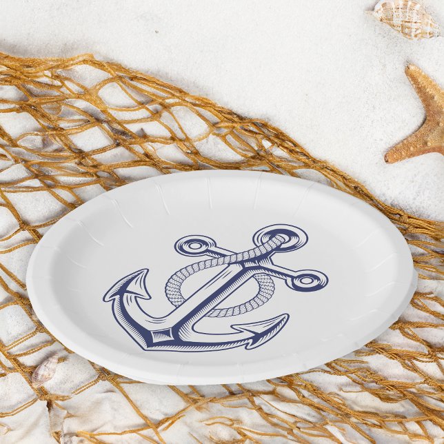 Nautical Sailor Navy Blue Ship Anchor Wedding  Paper Plate (Creator Uploaded)
