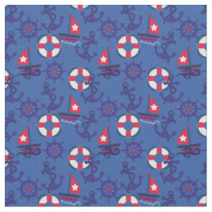 Nautical Salboats and Anchors Navy Blue, Red Fabric