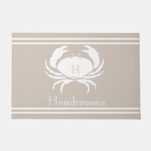 Nautical Sand Tan Taupe White Crab Monogram Name Doormat