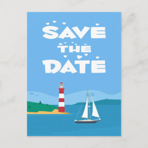 Nautical Save The Date Blue Lighthouse Sailboat Announcement Postcard