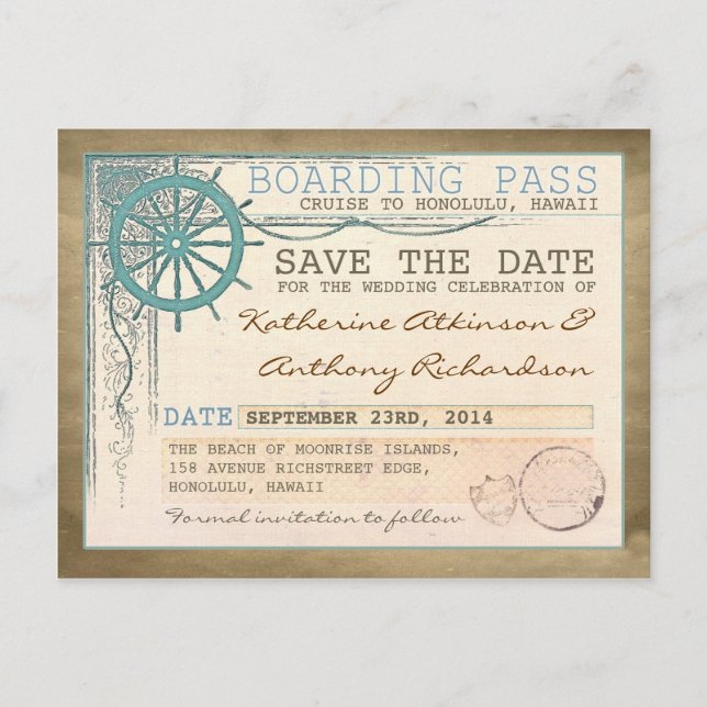 nautical save the date boarding pass postcards (Front)