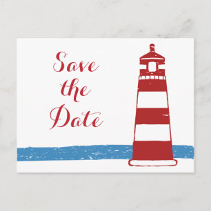 Nautical Save The Date Lighthouse Red Blue Wedding Announcement Postcard