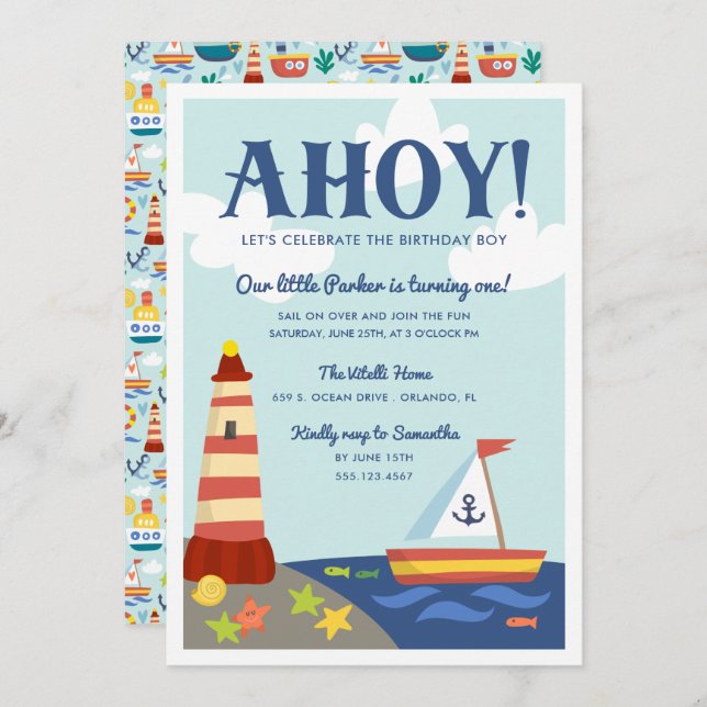 Nautical Scene Kids Birthday Party Invitation (Front/Back)