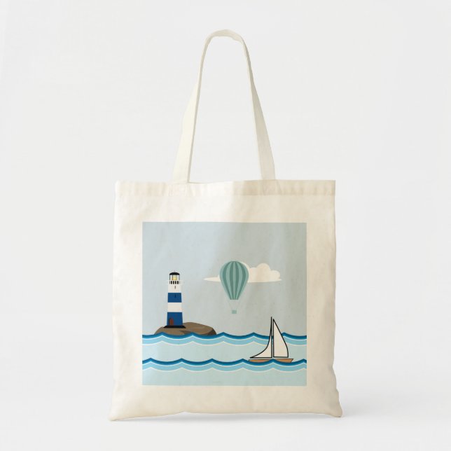 Nautical Scene with Lighthouse and Sailboat Tote Bag (Front)