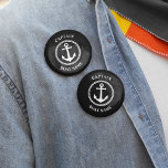 Nautical Sea Anchor Captain Boat Name Black<br><div class="desc">Black and White Nautical Sea Anchor and Your Personalised Boat Name and Customisable Captain Rank Button.</div>
