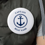 Nautical Sea Anchor Captain Boat Name Navy 6 Cm Round Badge<br><div class="desc">Navy Blue Nautical Sea Anchor and Your Personalised Boat Name and Customisable Captain Rank Button.</div>