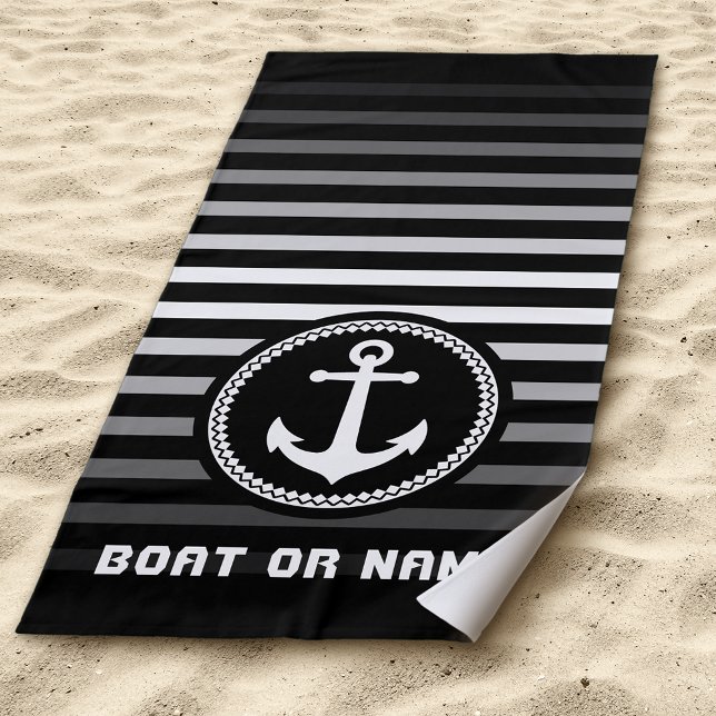 Nautical Sea Anchor Your Name or Boat Black Beach Towel (Creator Uploaded)