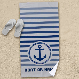 Nautical Sea Anchor Your Name or Boat Blue & Grey Beach Towel