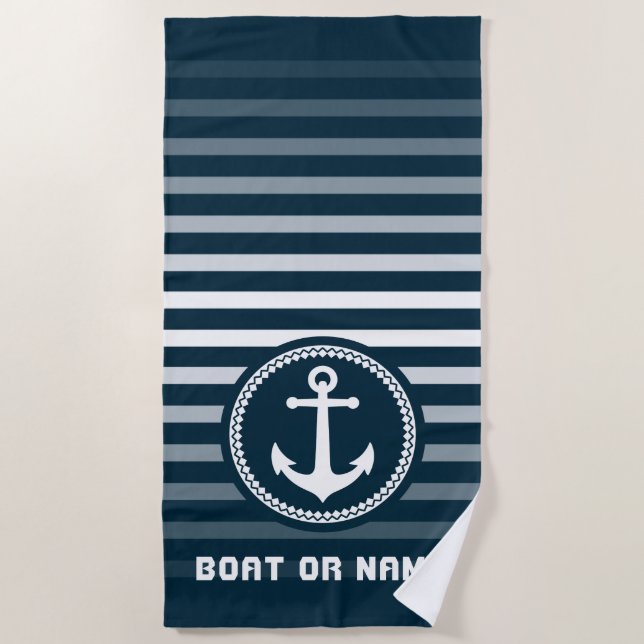 Nautical Sea Anchor Your Name or Boat Deep Aqua Beach Towel (Front)