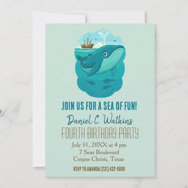Nautical Sea Cartoon Whale Invitation (Front)