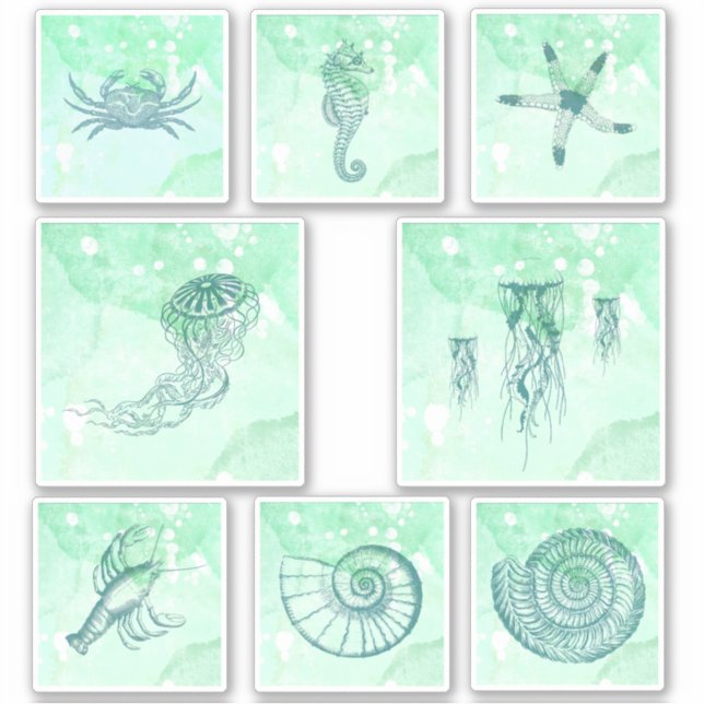 Nautical Sea Creature Watercolor Sticker Set (Front)