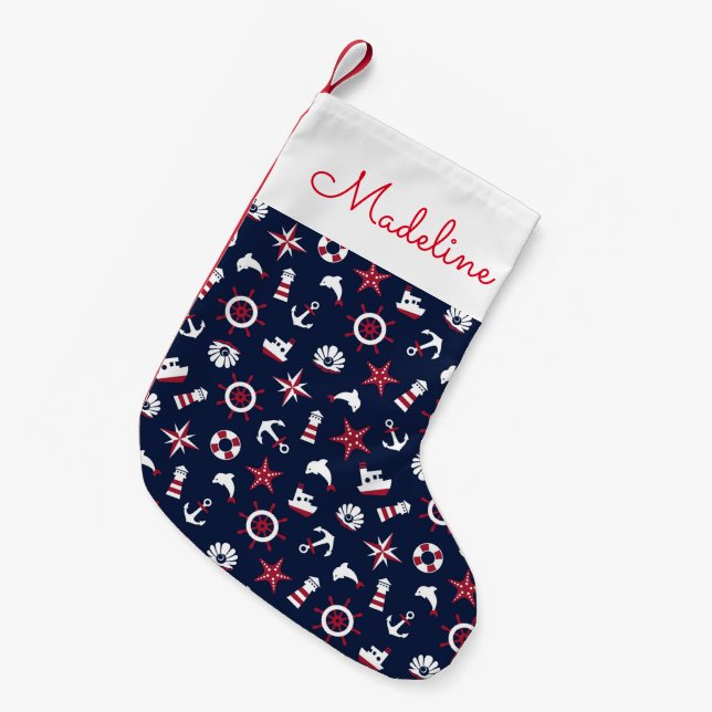 Nautical Sea Pattern | Add Your Name Small Christmas Stocking (Front (Hanging))