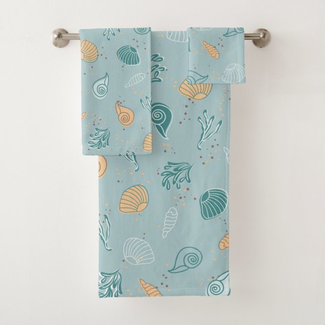 Nautical Sea Shells Pattern Marine Life Coastal Bath Towel Set (Insitu)