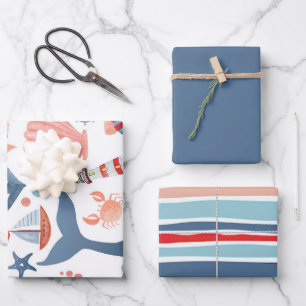 Nautical Sea Stripes Anchor Seashells Starfish Wrapping Paper Sheet