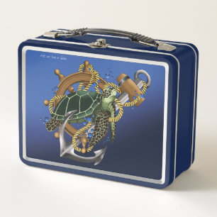 Nautical Sea Turtle Anchor Ship Wheel Blue Metal Lunch Box