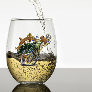 Nautical Sea Turtle Anchor Ship Wheel Blue Stemless Wine Glass